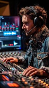 Tontechniker mit Kopfhörern arbeitet an einem Audiomischpult