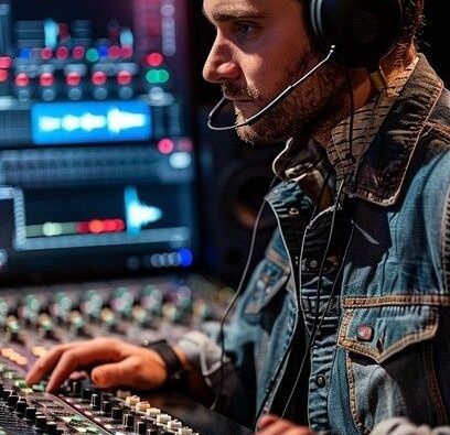 Tontechniker mit Kopfhörern arbeitet an einem Audiomischpult