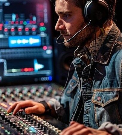 Tontechniker mit Kopfhörern arbeitet an einem Audiomischpult